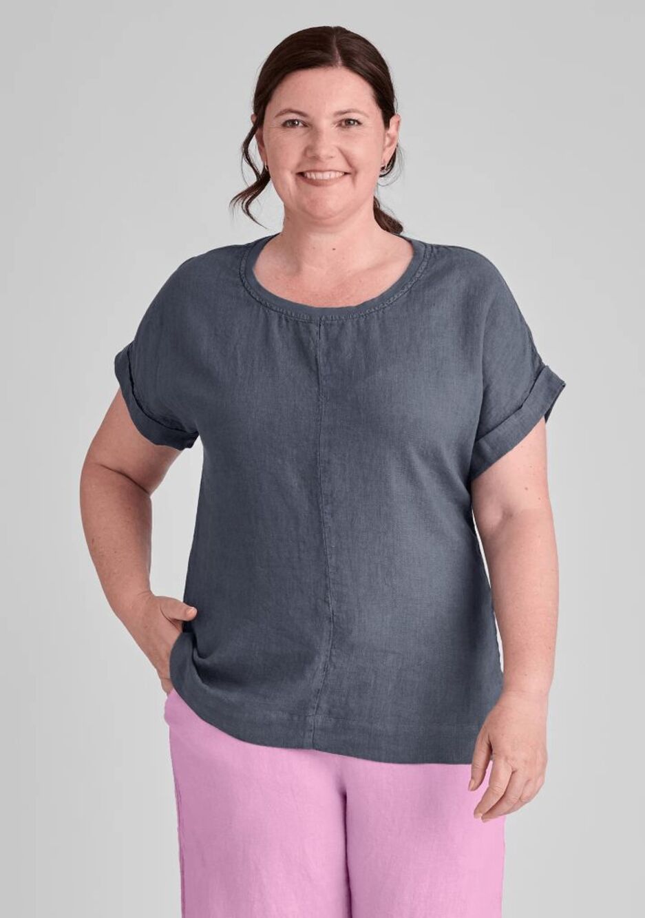 Flax Linen Slate Blue Short Sleeve Relaxed Tee T-Shirt Women's Size Small